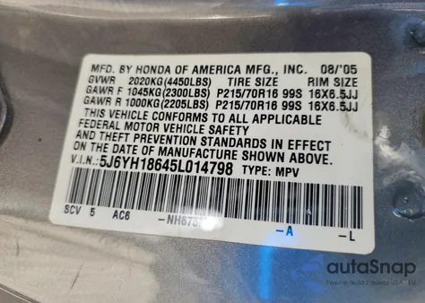 2005 Honda Element Ex z USA, uszkodzony, nr VIN 5J6YH18645L014798